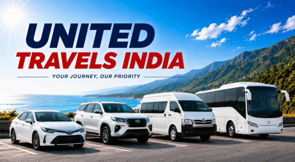 United Travels India fleet featuring sedan, SUV, MUV, van and bus vehicles available for hire and rental.